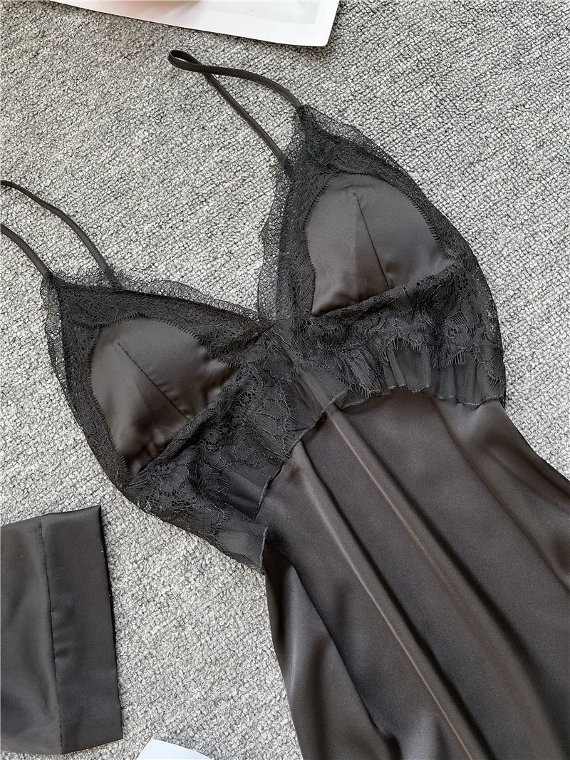 

Women 2PCS Sleepwear Kimono Bathrobe Gown Spring Summer Robe Suit With Bra Mesh Hollow Out Suspender Nightwear Sexy Sleep Set