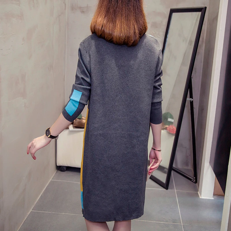 

Lucyever Plus Size Women Sweater Dress Loose O Neck Fashion Plaid Korean Pullover Midi Dress Casual Autumn Female Sweater 2021