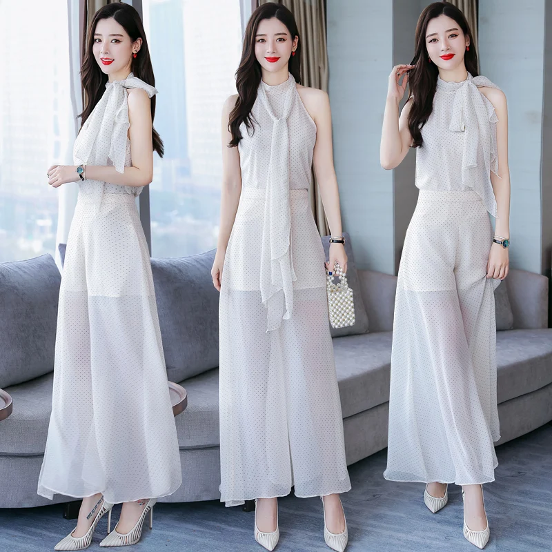 Женский офисный костюм из двух предметов блузка без рукавов в горошек рубашка с