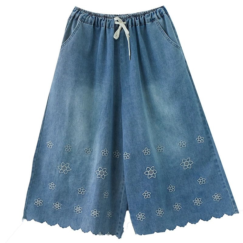 

Embroidered Daisy Denim Wide Leg Pants Women 2021 Summer Thin Section Cropped Pants Womens Loose Casual Skirt Trousers Dark Blue