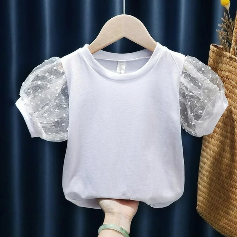 

Solid Cotton Girl T-Shirts Summer New Baby Mesh Puff Sleeved Slim Sweet Style All Match Kids Children Clothes Pulls Tops Tees