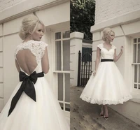 2019 new arrival cap sleeves a line lace appliques tea length short wedding dresses open back with bow back free shipping hu3258