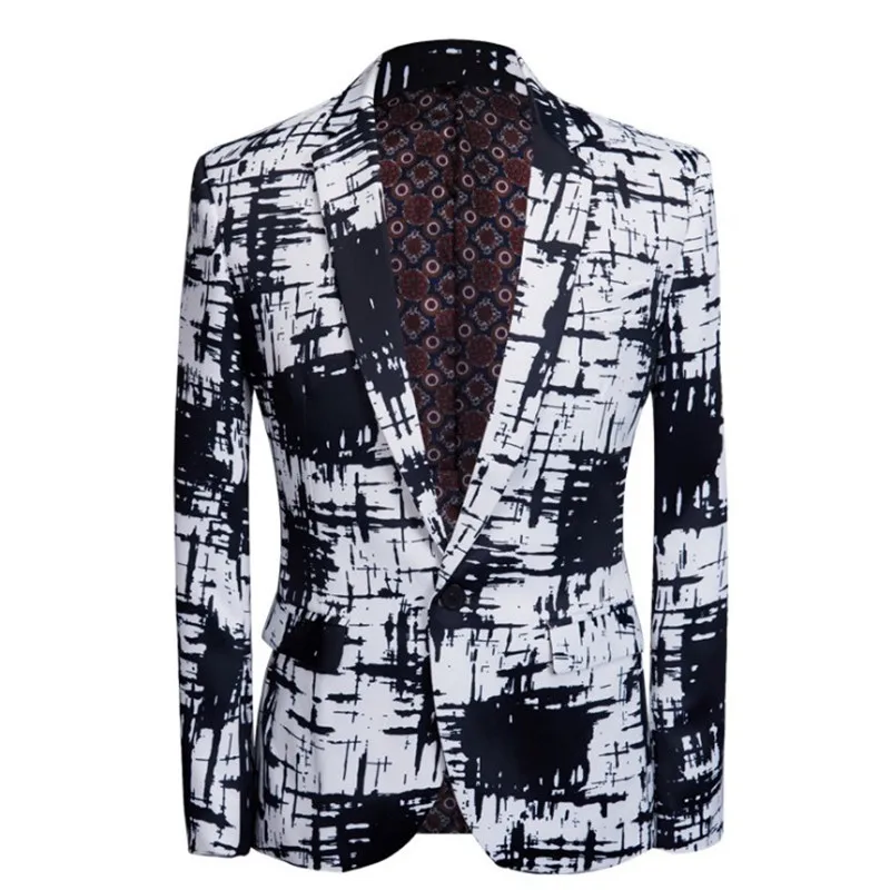 Мужской костюм с чернильным принтом комплект блейзером черно-белая приталенная