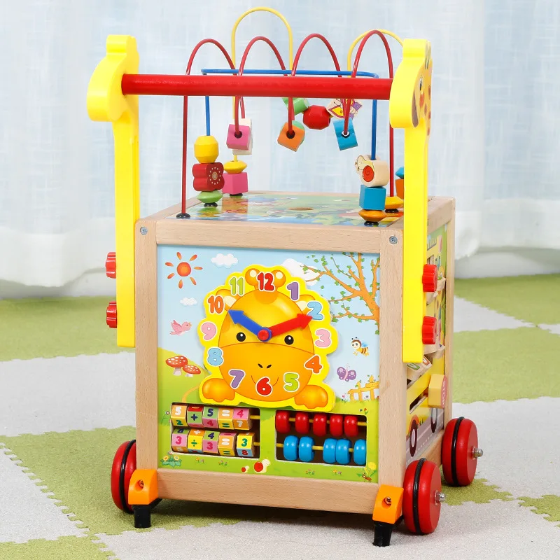 childhood education wooden children's walker Baby puzzle round bead cart anti-rollover multi-function toys | Мать и ребенок