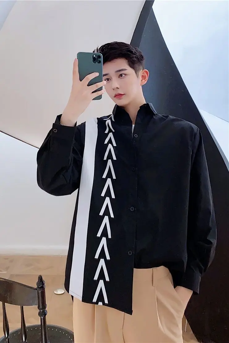 

2020 Spring And Autumn New Youth Popular Men's Personality Design Contrast Stitching Long-sleeved Shirt Fashion Casual Loose Top