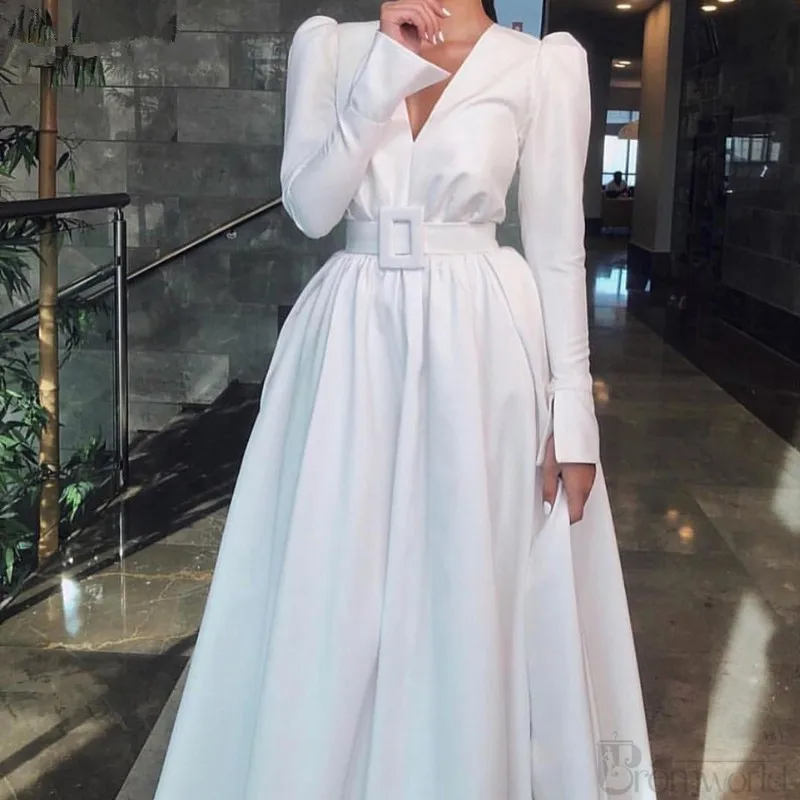 

White Simple Long Sleeve Evening Dresses 2020 New Arrival V Neck Satin Evening Gowns with Belt A-Line Muslim Formal Party Dress