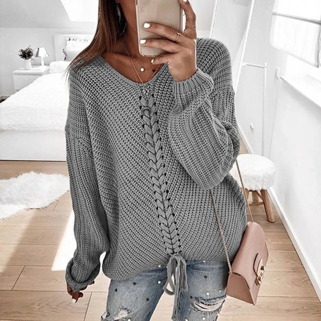 Sweater Womens Lady V-neck Casual Solid Loose Long Sleeve Tops Slim Fit Pullover Jersey Mujer Pull Femme | Женская одежда