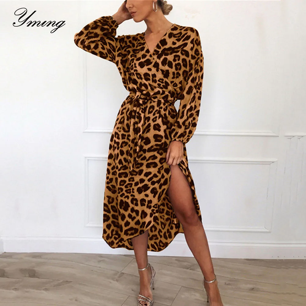YMING длинное платье макси с леопардовым принтом женское вечернее длинным рукавом