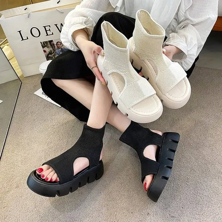 

Popular Thick-Soled Peep Toe Sandals Women 2021summer New Versatile Height Increasing Muffin Sock Shoes Roman Sandals