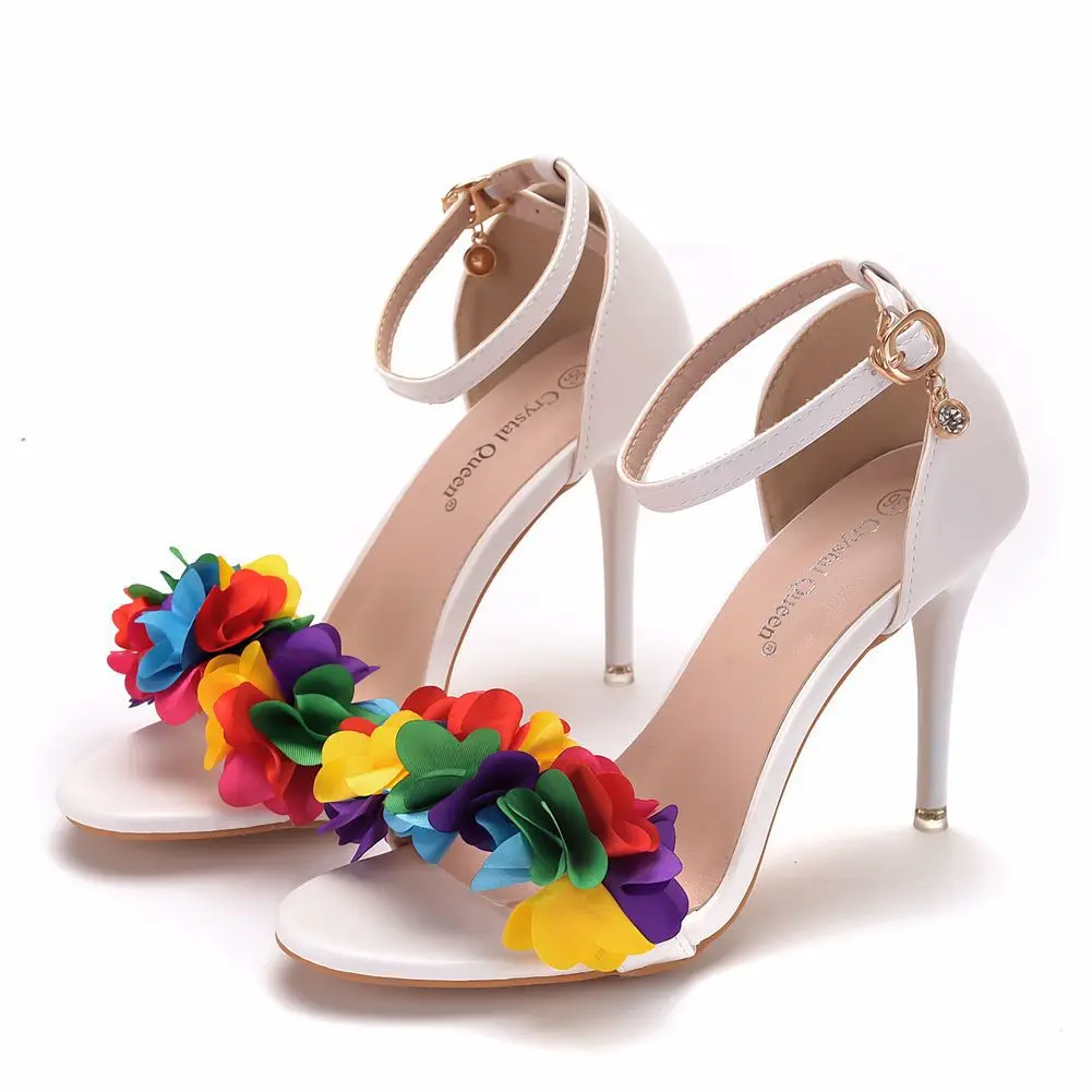 

Summer Ladies 9cm Thin High Heel Sandal White Bridesmaid Wedding Word Buckle Flower Stiletto Roman Sandals For Women Shoes A0013