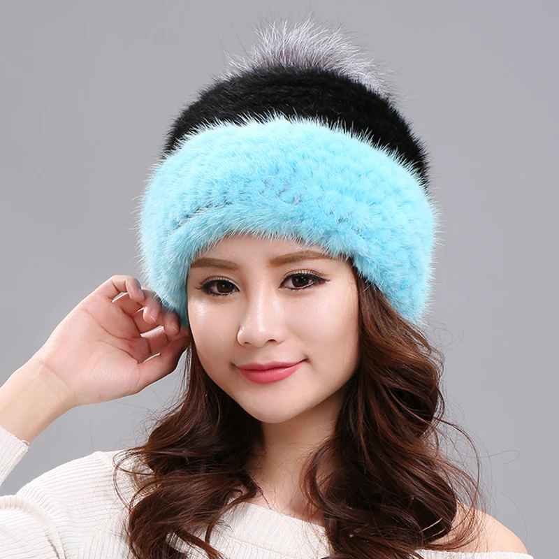 Women's Natural Mink Hat Warm Winter Hats for Women Large Fox Fur Pompom Autumn Bonnet Gorros Mujer Invierno MY812