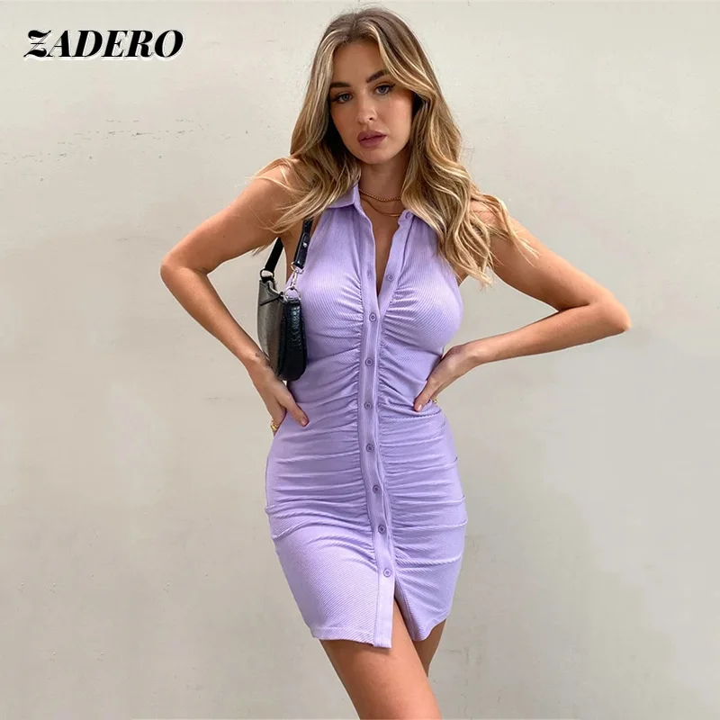 

Women Dress 2021 Elegant Sleeveless Turn Down Collar Buttons Skinny Single Breasted Summer Backless Halter Mini Dress Vestido