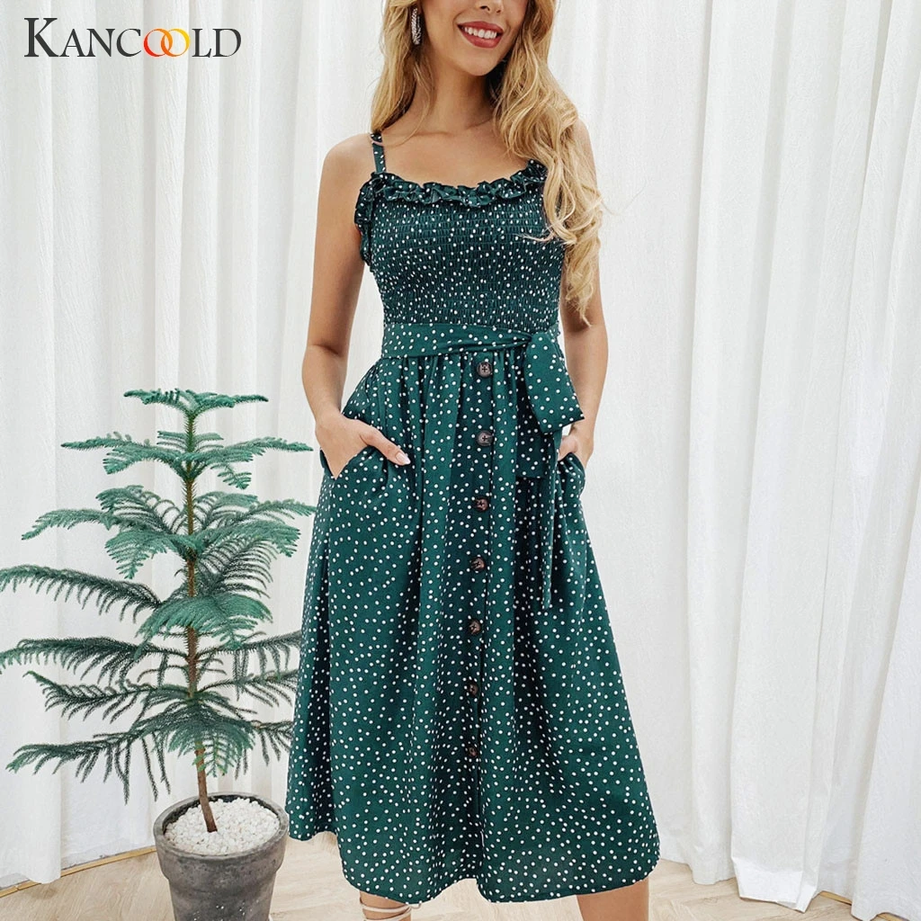 Женское длинное платье в горошек KANCOOLD однобортное на пуговицах с v образным