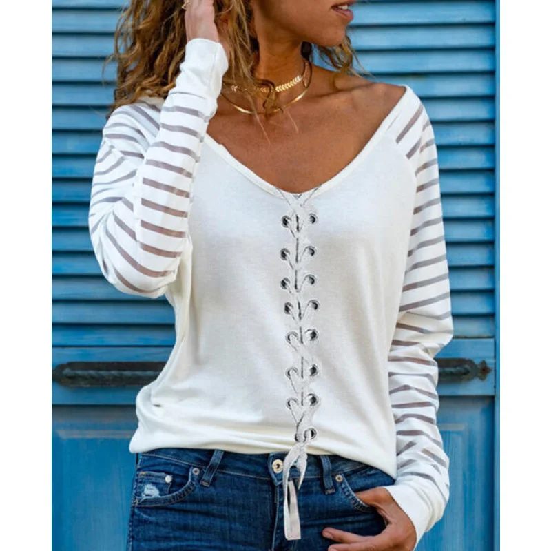 

Блузка женская, однотонная, с V-образным вырезом и длинным рукавом