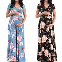2019 new plus size v neck short sleeve belted printed maternity maxi dresses for women ankle length office lady