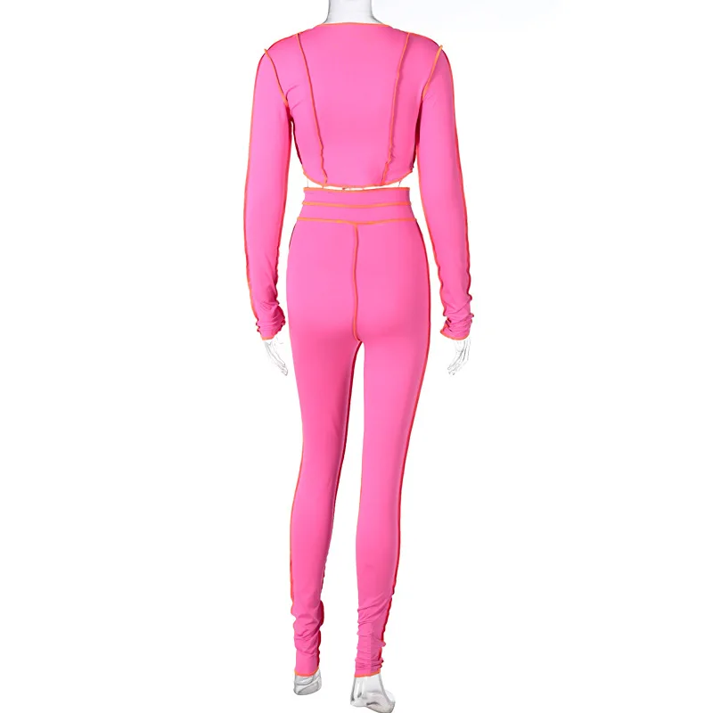 

HAOOHU 2021 new spring women's sets sexy nightclub fashion lace up hollow solid long sleeve short tops tight pants 2-pc suits
