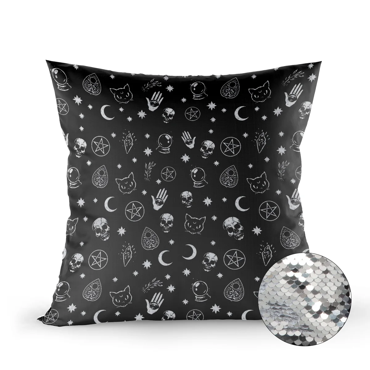 Серебряная Подушка с блестками чехол Хэллоуин черная ведьма череп печать для