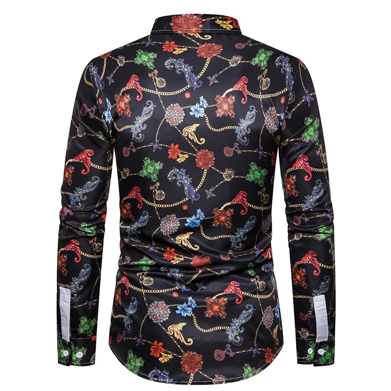Luxury Royal Mens Shirts Casual Slim Fit Cross Gemstone Printed Long Sleeve Slim Fit Chemise Homme Men Prom Party Tuxedo Shirt