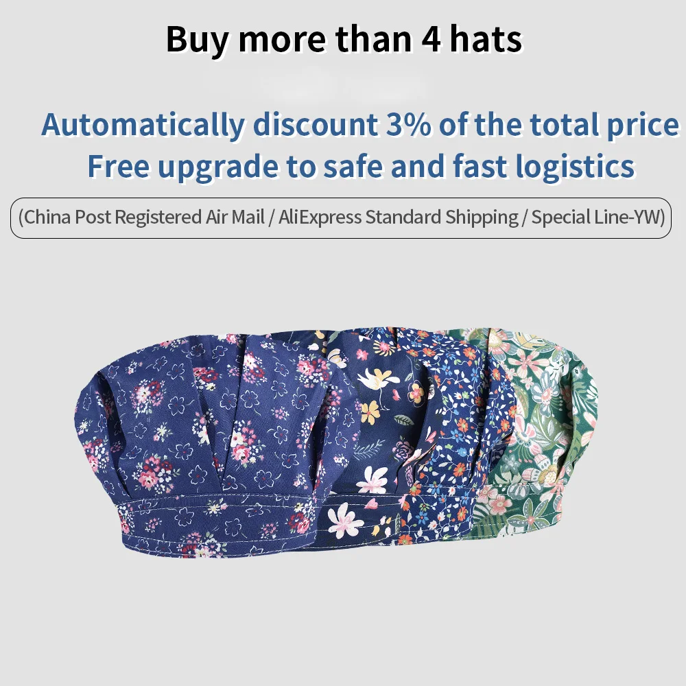 

Wholesale Multicolor Restaurant Anti-smoke Chef Hats Unisex Cotton Flower printing coffee shop work Hats Food Service Work Caps