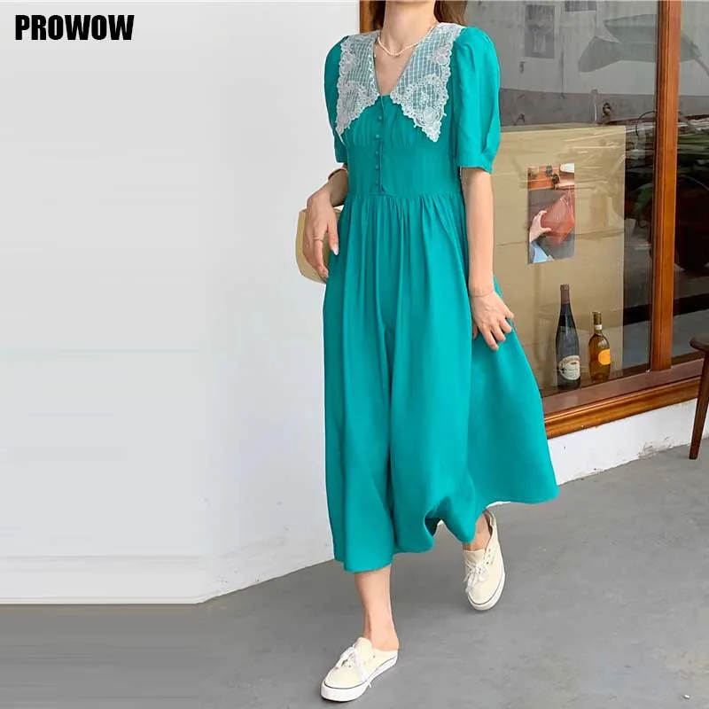 

French Vintage Ladies Lace Splicing Dresses One-Piece Korean Elegant Slim Short Sleeve Dress 2021 New Summer Women Fashion Dress