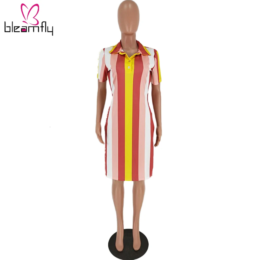 2019 летнее женское модное платье миди с коротким рукавом и полосатым принтом