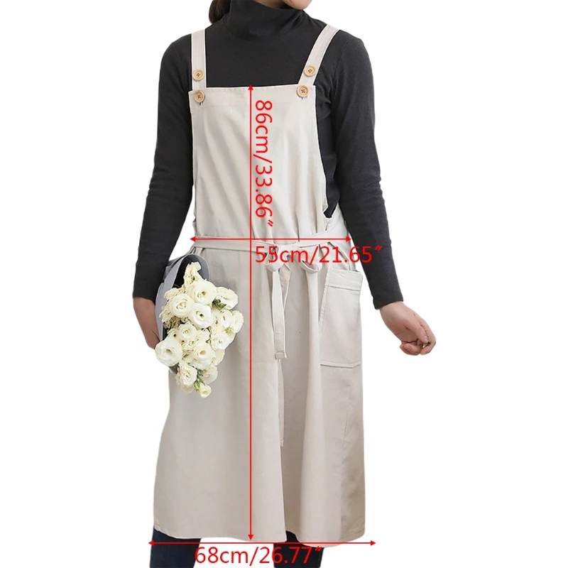 

MXLB Korean Style Cotton Linen Apron Dress Adjustable Buttons Kitchen Cooking Aprons