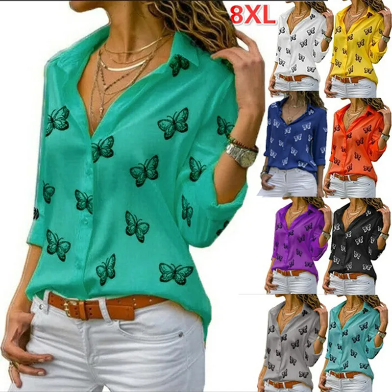 

Autumn Women Butterfly Printing Loose Lapel Yellow Shirts Blusa 2020 Office OL Female Commuter Work Clothes Top Blouse Plus Size