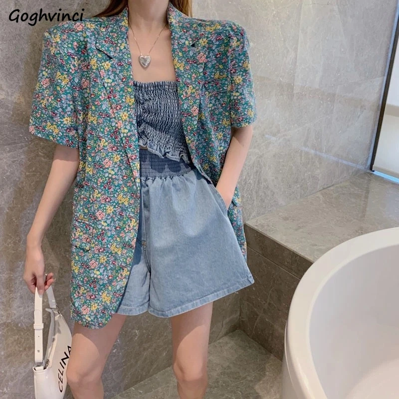 

Blazers Women Fashion Outwear Summer Korean Style Loose Casual All-match Short Sleeve Vintage Floral Office Lady Streetwear Chic