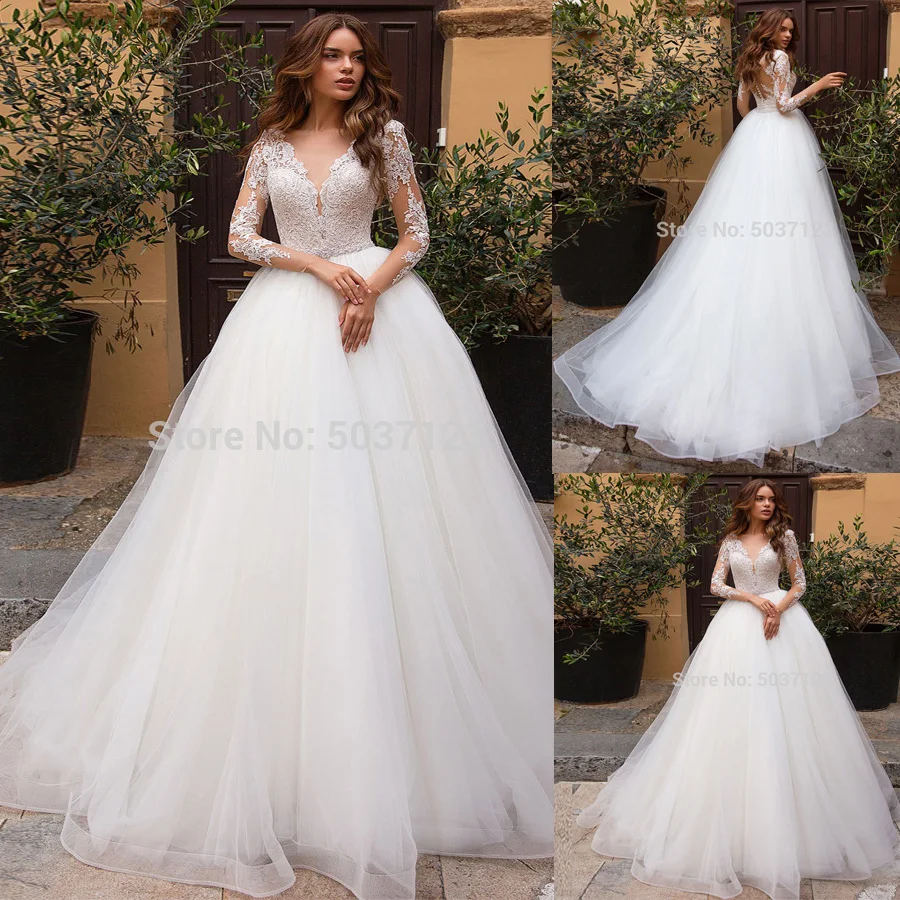 Трапециевидные Свадебные платья с длинными рукавами сексуальные кружевные v