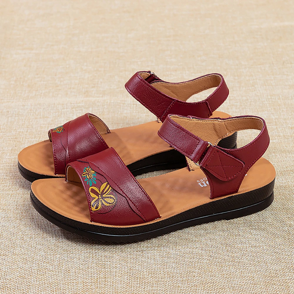

Genuine Cow Leather Sandals for Women 2021 New Summer Round Toe Hollow Sandalies Female Fashion Casual Soft Comfort Flat Shoes