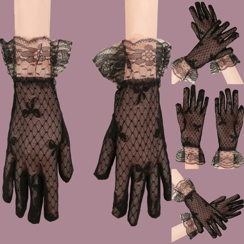 

Ladies Elegant Black Mesh Short Gloves Bowknot Jacquard Ruffles Floral Lace Wedding Party Sunscreen Full Finger Mittens