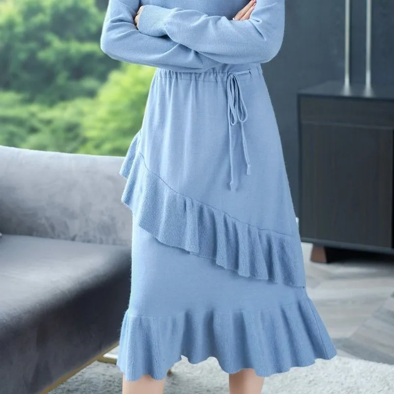 Fashion korean Ruffle knitted dress women casual Plus size slim Drawstring waist elegant a-line winter sweater party | Женская одежда