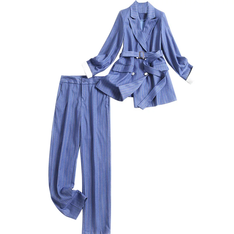

Women plus size XXL clothing striped pants suit spring summer 2021 double breasted sashes blazer office two piece outfits blue