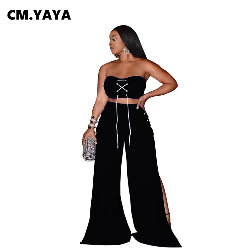 

Женский комплект из 2 предметов CM.YAYA, однотонный укороченный Топ без бретелек, с разрезом, на шнуровке, с широкими штанинами, летний сексуаль...