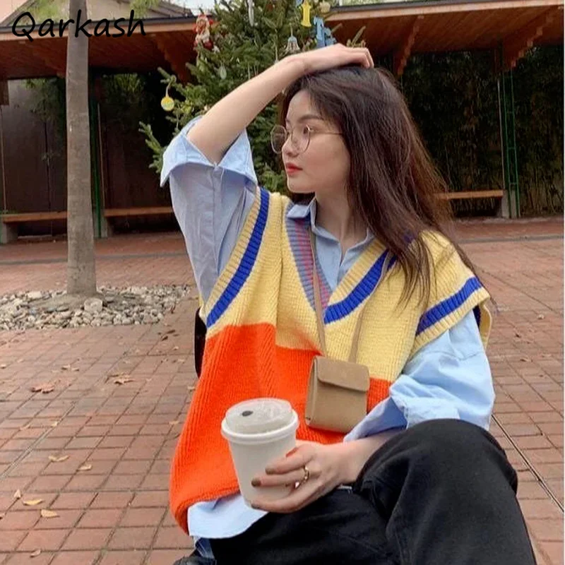 

Sweater Vests Women Design Fashionable Loose Patchwork V-neck Female Spring Autumn Clothing Sleeveless Korean Ulzzang Streetwear