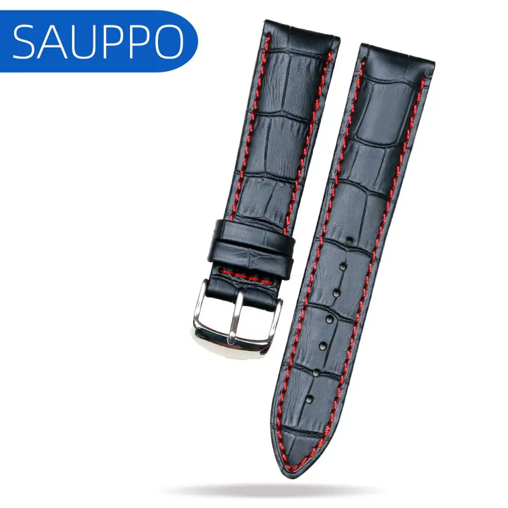 Мужской кожаный ремешок для часов SAUPPO черный ремень с бамбуковой отделкой и