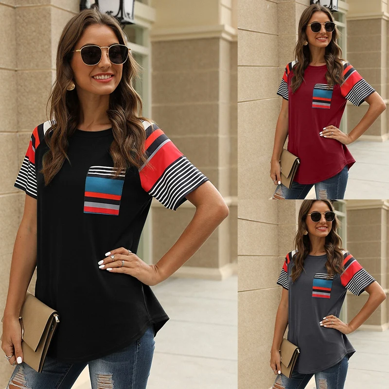 

Футболка в полоску с круглым вырезом и короткими рукавами и вышитым карманом