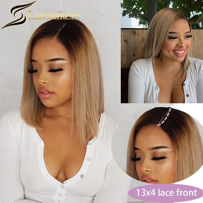 

Straight Short Bob Omber Brown Honey Blonde Colored 13X4 Hd Lace Front Wig For Black Women Human Hair Frontal Pre Plucked Wig