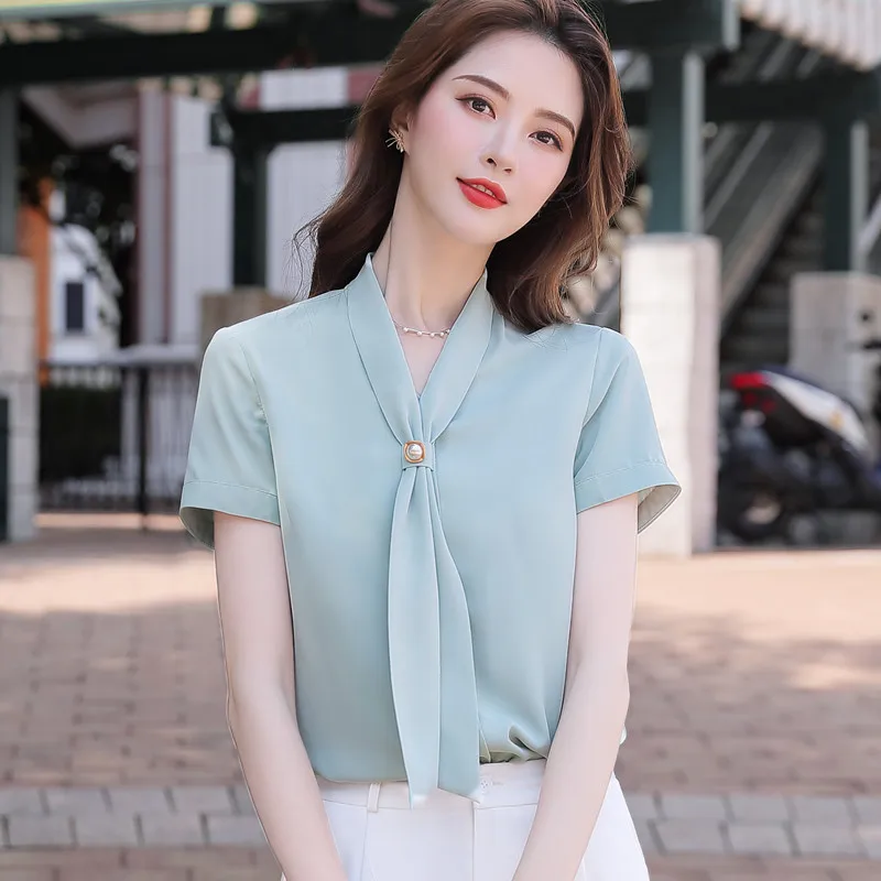 

2020 Professional New Summer Short Sleeve Chiffon Shirt Soild Women Clothes Casual V Neck Blouses Office Ladies Work Tops