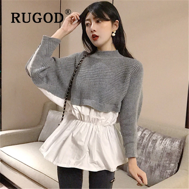 RUGOD Elegant patchwork knitted women sweater Fashion round neck batwing sleeve college tops Auturm casual ruffles lady clothes | Женская