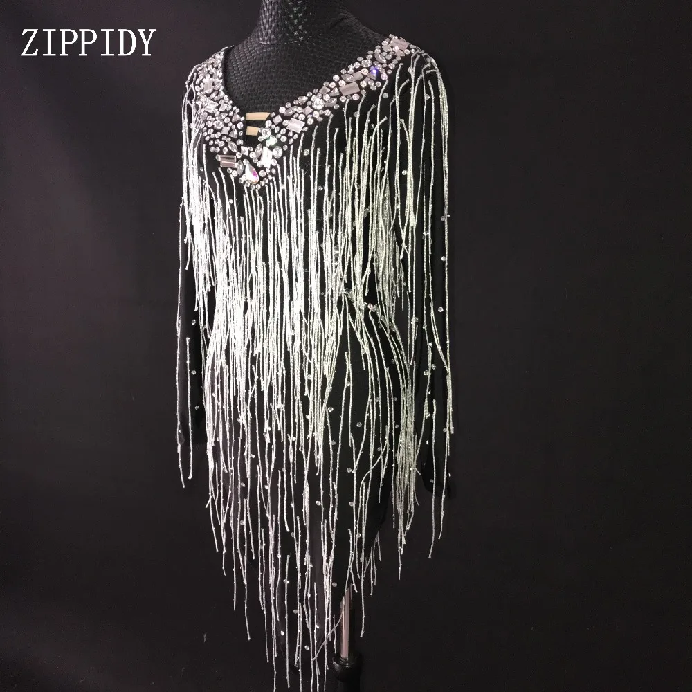 

New Silver Rhinestones Fringes Black Latin Party Female Singer Dancer DS Outfit Costume Women Birthday Celebrate Tassels Dress