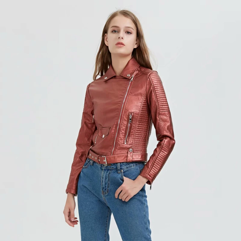 Женская байкерская куртка TMODA286 из искусственной кожи красная мотоциклетная