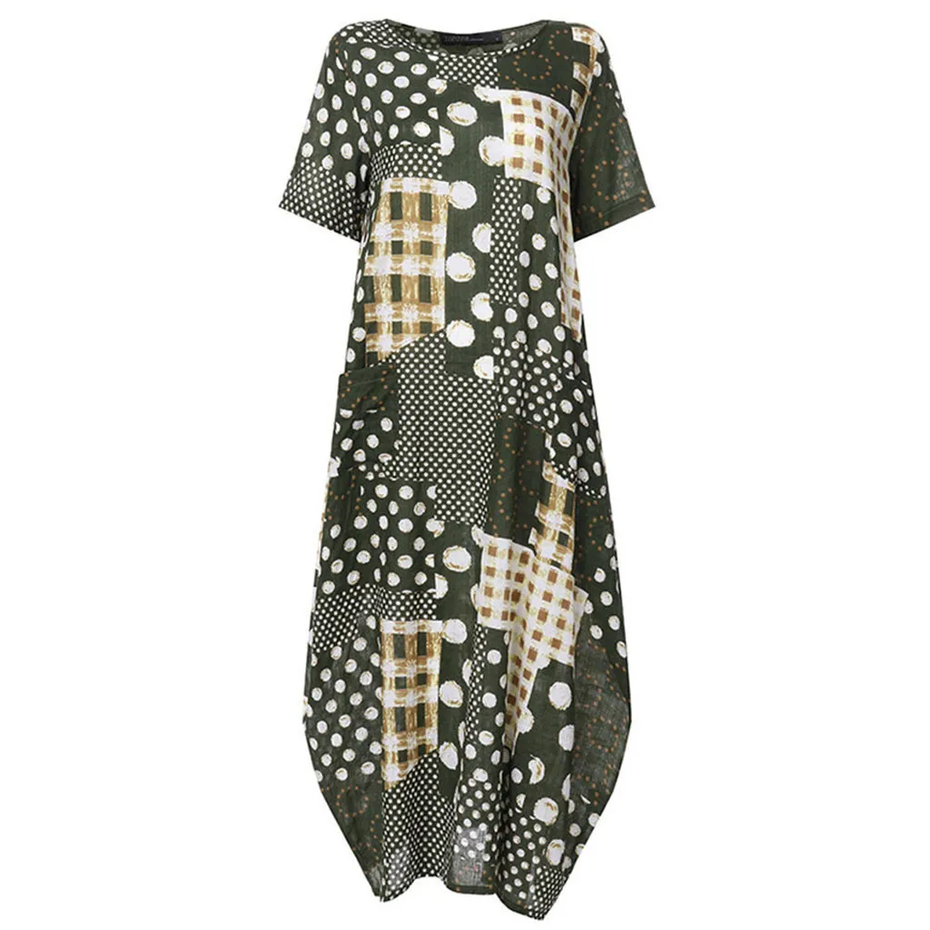 Woman Dress Summer O-neck Short Sleeve Print Casual Loose Maxi Flowy Comfy Robe Ete Femme Dresses For Women Dames Jurken | Женская