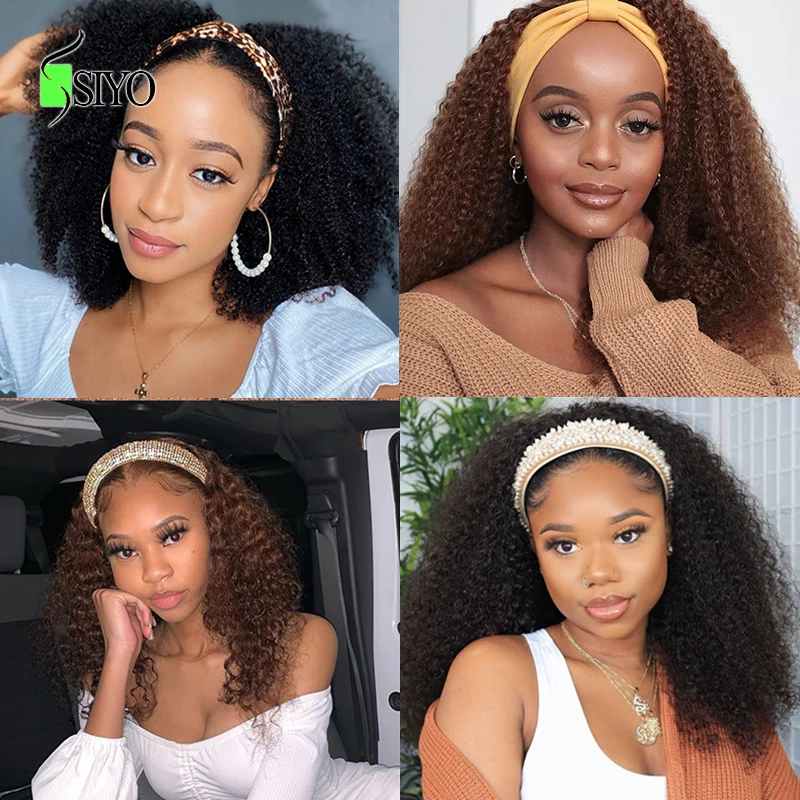 Siyo Afro Kinky Curly Headband Wigs 100% Malaysian Remy Human Hair Scarf Wig for Black Women Jerry Curl Full Machine | Шиньоны и парики