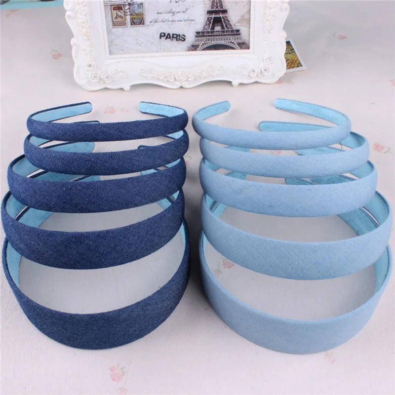

10PCS 1.2cm 1.5cm 2.5cm 4.0cm Denim blue Fabric Covered Plastic Headbands plain Plain Hairbands for DIY womens Hair hoops