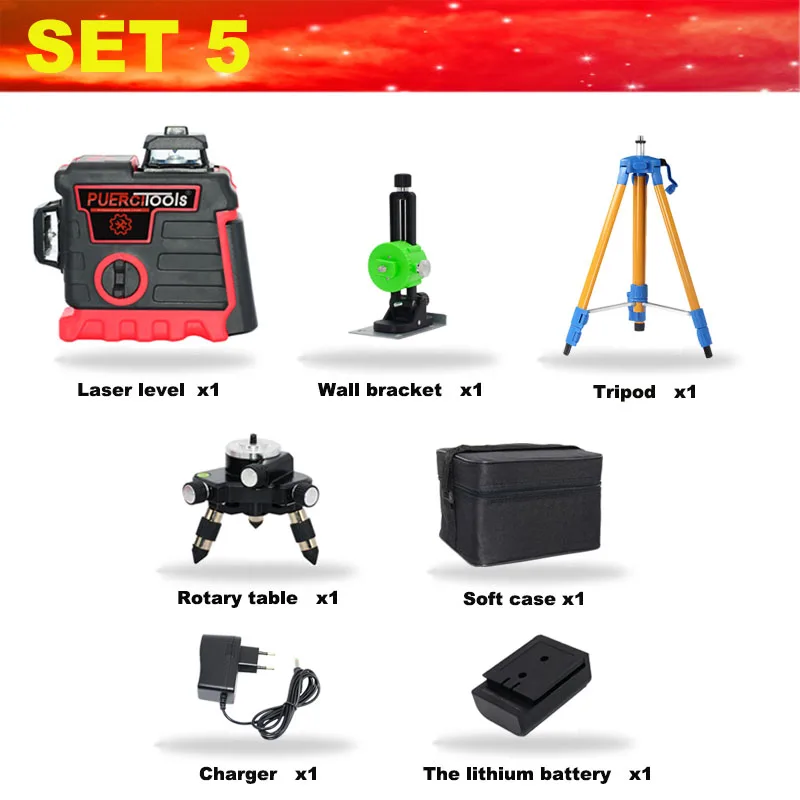 SET 5 PUERCI зеленый лазерный уровень 12 линий 3D уровень самонивелирующийся 360 горизонтальный и вертикальный крест супер мощный зеленый лазерный уровень - Цвет: SET 5