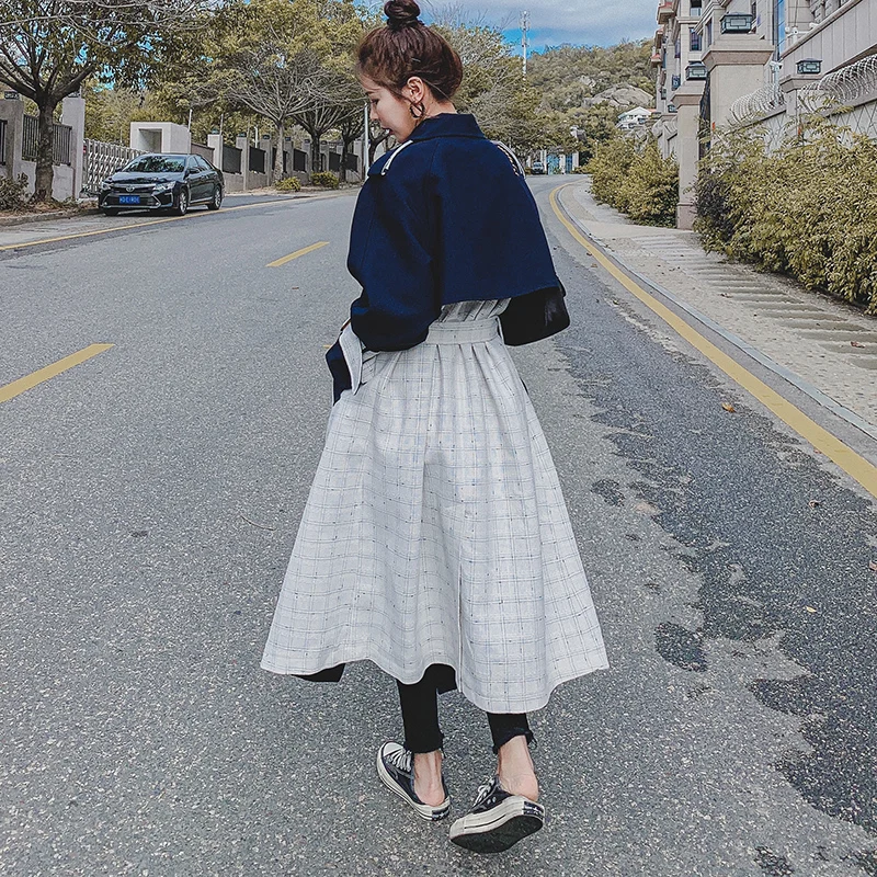 

Women's spring and autumn splicing fashion windbreaker large size loose plaid high-end cotton women's cape