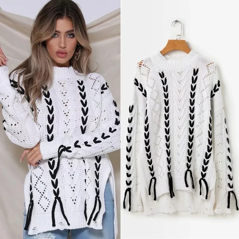 

2021 Spring Autumn O Neck Knitted Sweaters Women Pullover Long Sleeve Casual Loose Bandage White Black Warm Sweaters Mujer 0134