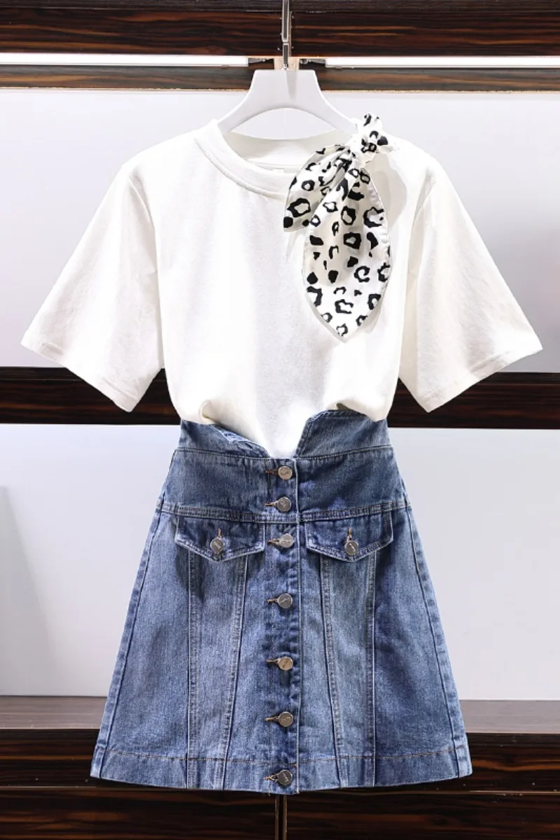 

summer new younger sister big yards western style suit fashion show thin T-shirt denim skirt suit