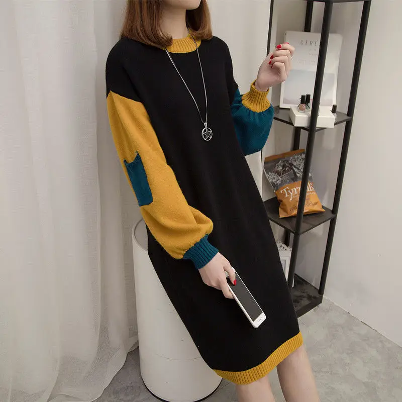 

2020 Autumn Winter Plus Size Women Patchwork Loose Knitted Pullover Dresses Female Casual Twist Warm Oversized Sweater Dress G60